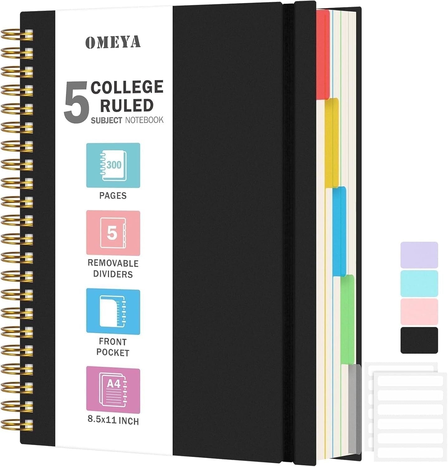 OMEYA 5 Subject Notebooks College Ruled, Spiral Notebook 8.5 x 11in with Dividers, 300 Pages 100GSM Thick Spiral Writing Journal for Women &