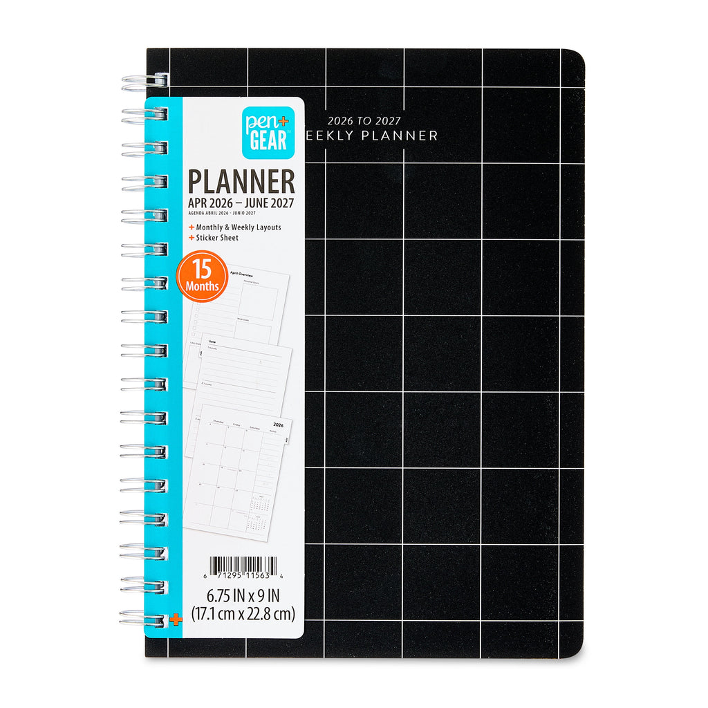 Pen+Gear Medium Monthly Weekly April 2026 - June 2027 Planner, Black and White Grid