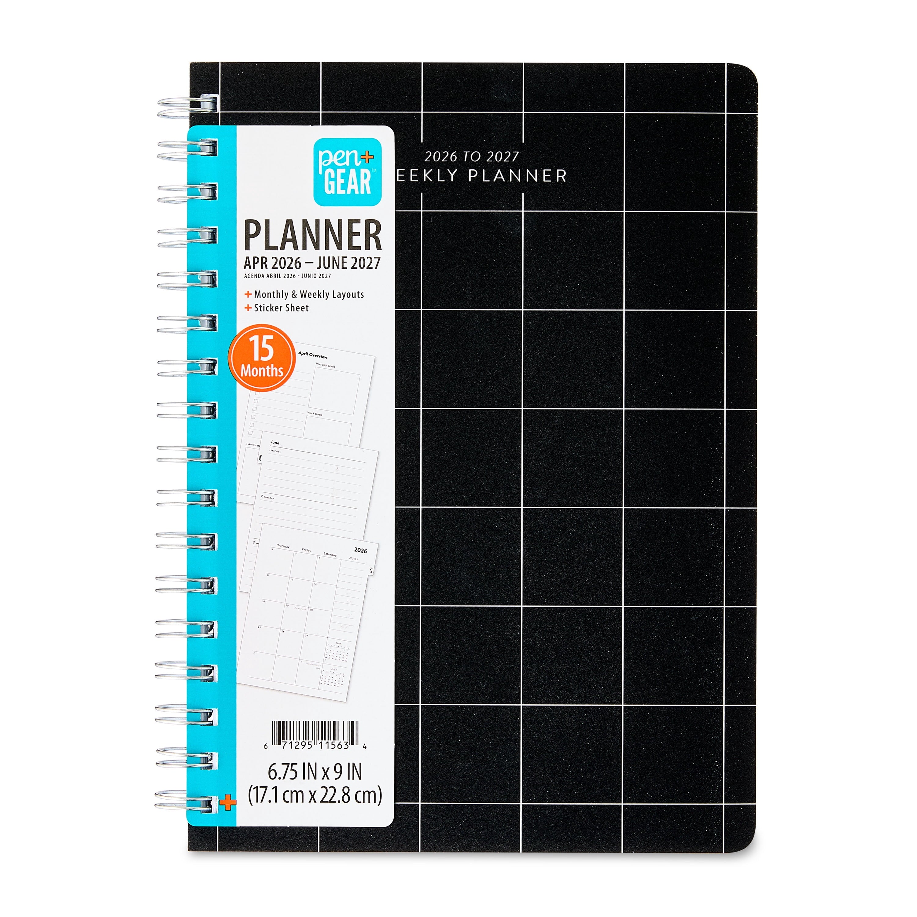 Pen+Gear Medium Monthly Weekly April 2026 - June 2027 Planner, Black and White Grid