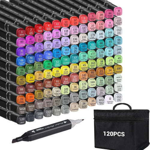 120 Colors Alcohol Markers Set with Carrying Case, Dual Tip Point, Assorted Colors, 120 Count