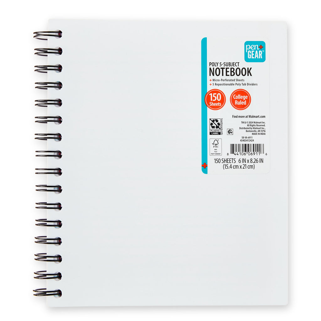 College Ruled 5-Subject Poly Notebook, 6" x 8.26", White, 150 Sheets