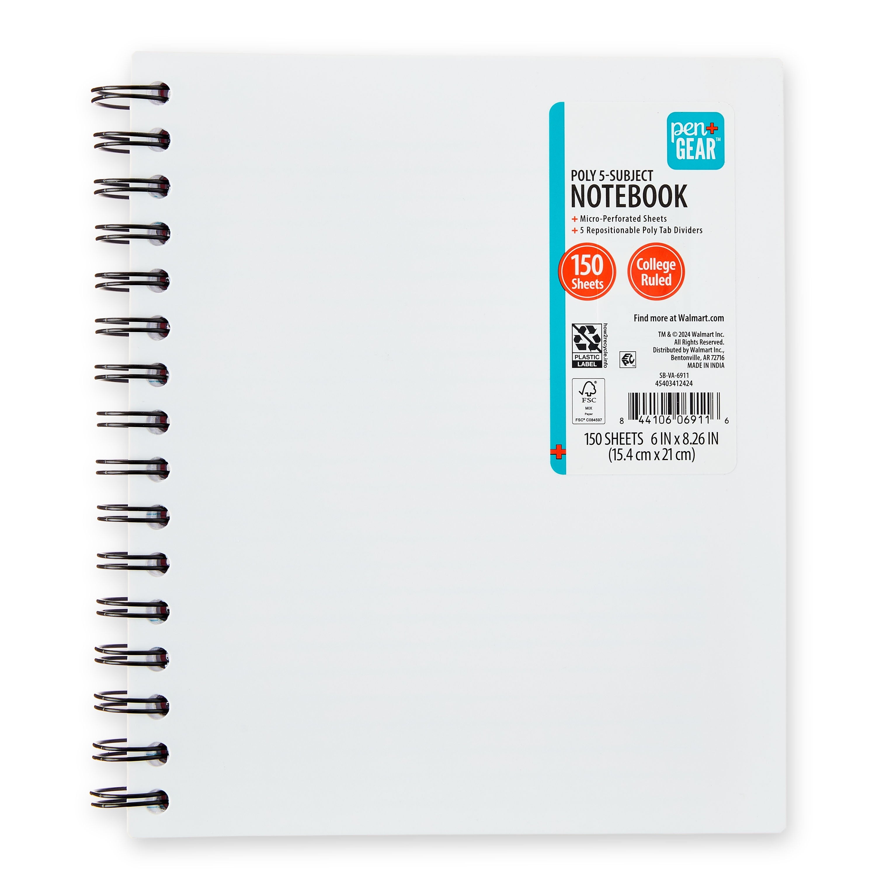 College Ruled 5-Subject Poly Notebook, 6" x 8.26", White, 150 Sheets