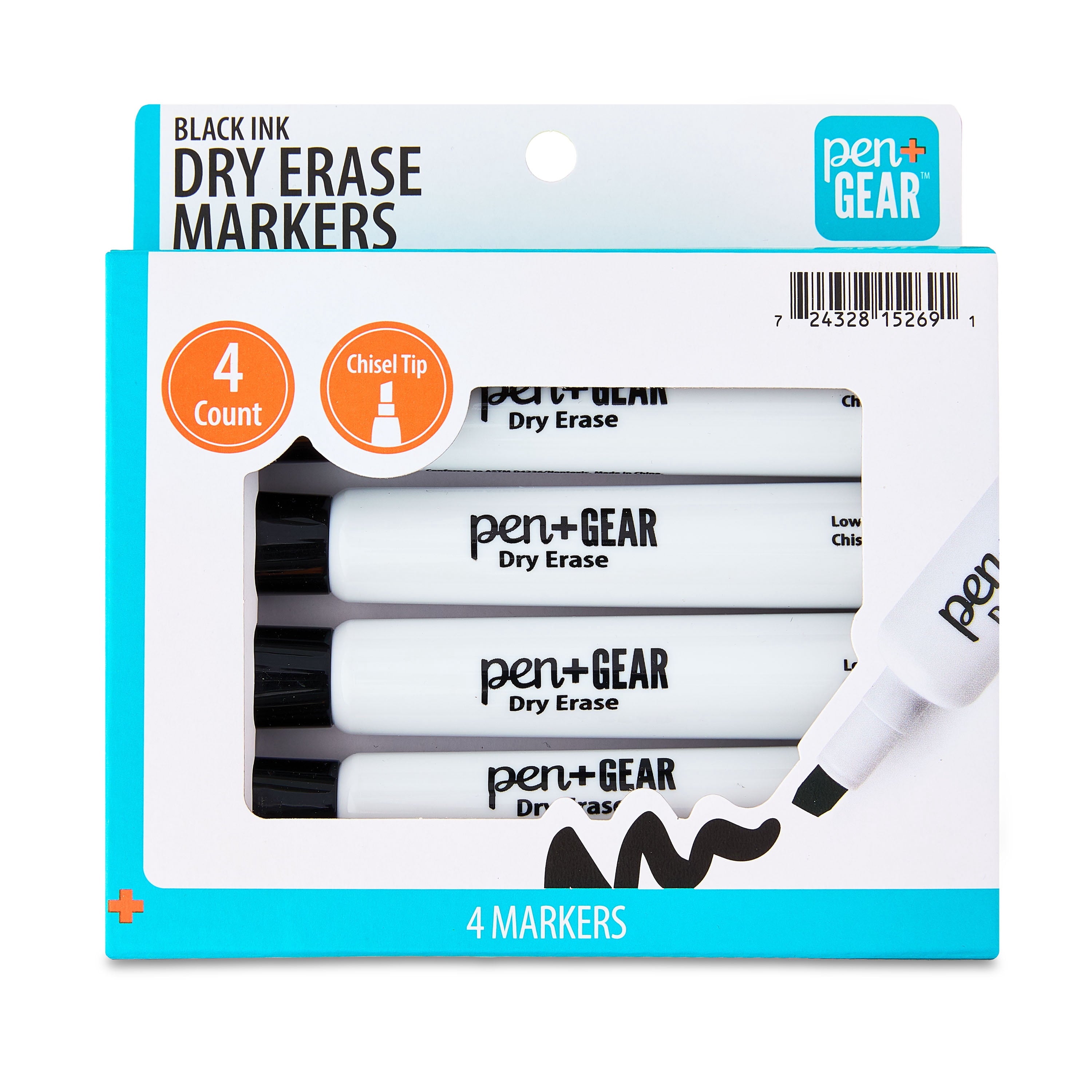 Dry Erase Markers, Chisel Tip, Black, 4-Pack