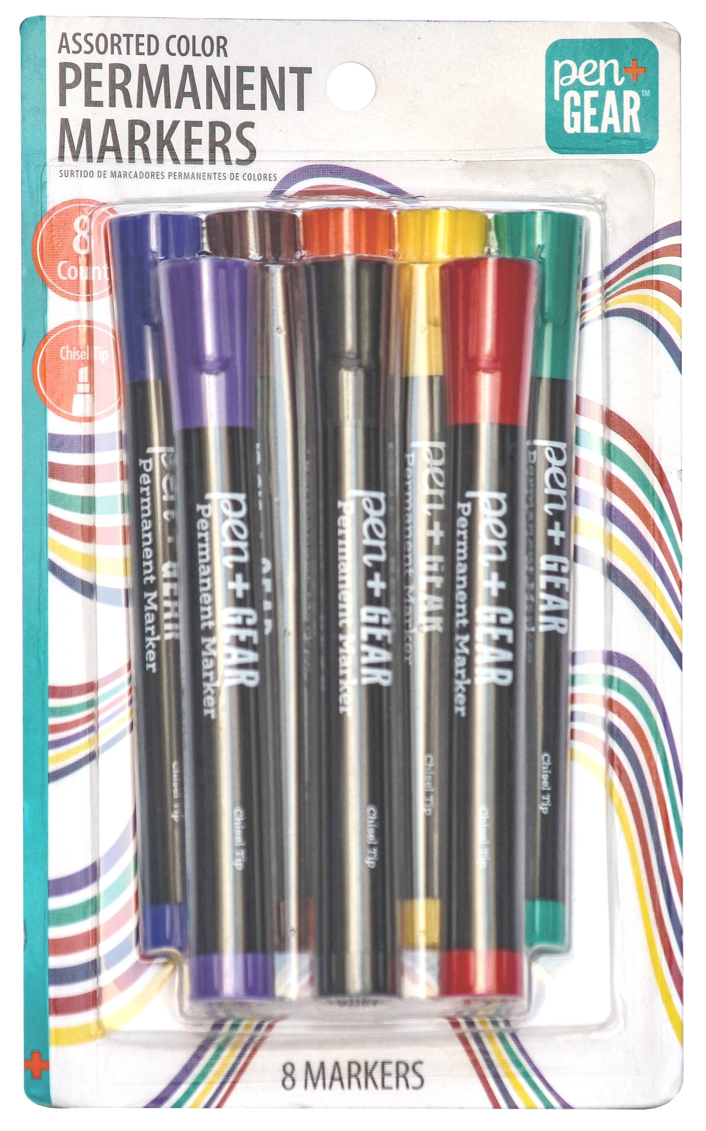 Permanent Markers, Chisel Tip, Assorted Colors, 8 Count