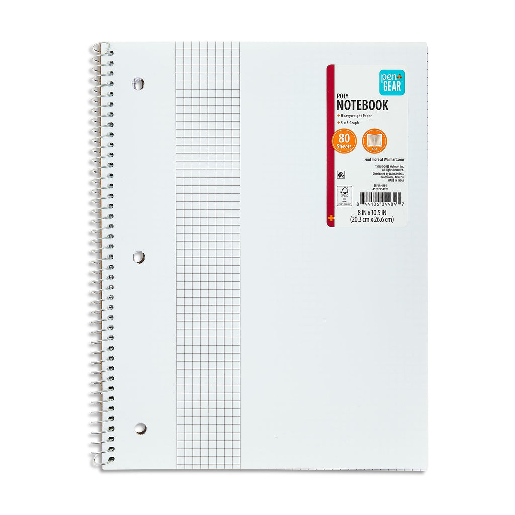 Pen+Gear 1 Subject Notebook, Grid Ruled, 8.5"x 10.5", Poly Cover, 80 Sheets
