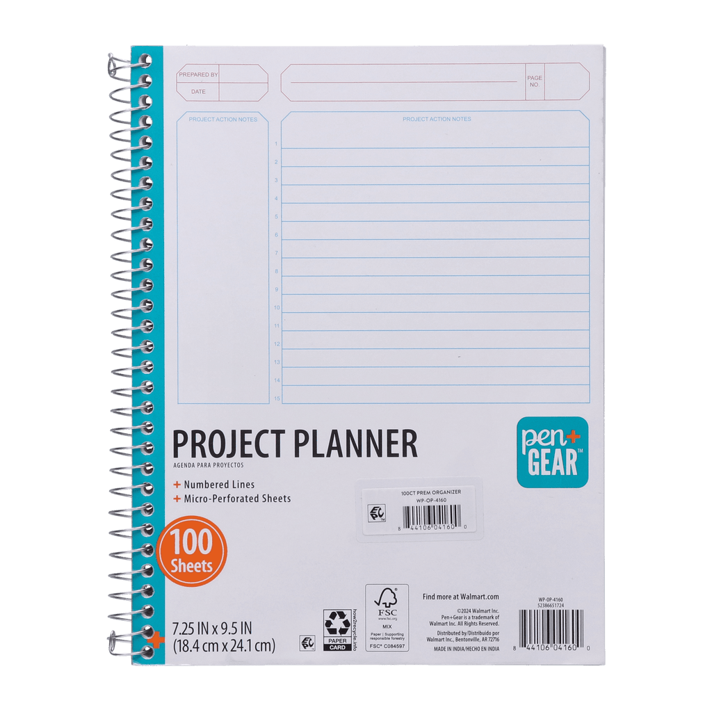Pen+Gear White Project Planner with Numbered Lines, 9.5 x 7.25 In, 100 Sheets