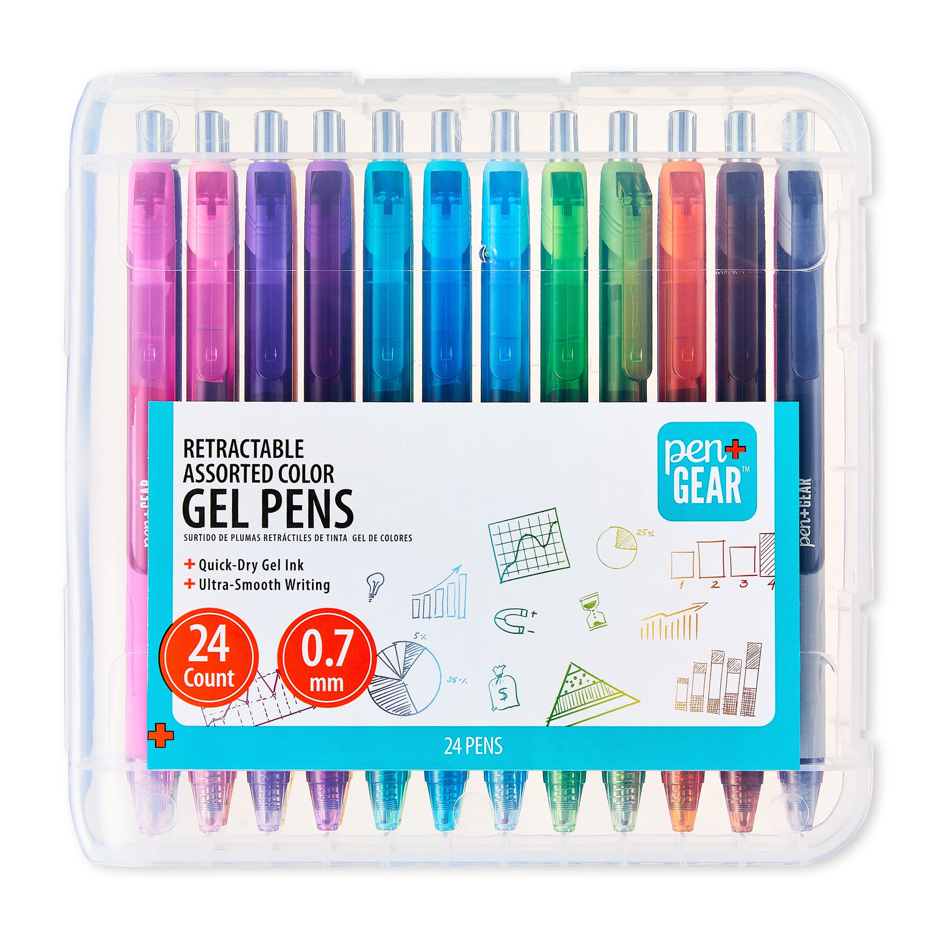 Retractable Gel Ink Pens, Medium Point, 0.7mm, Assorted Ink, 24Count