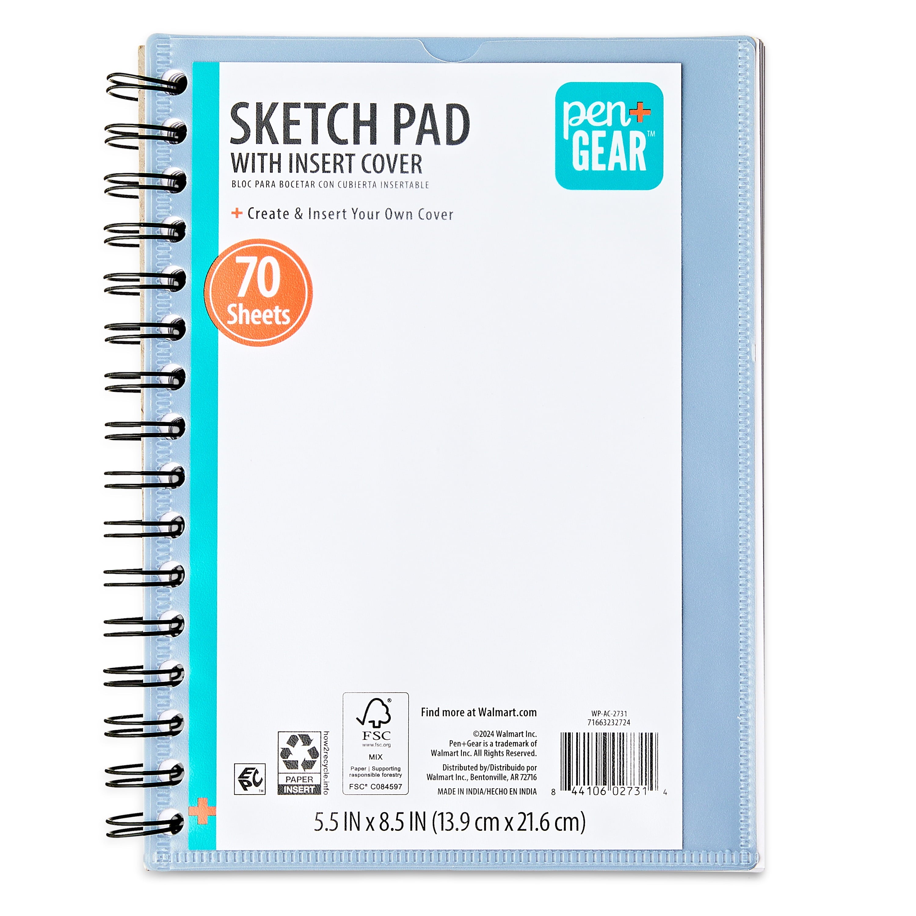 Pen+Gear Sketch Diary, 70 Sheets, 5.5" x 8.5", Blue