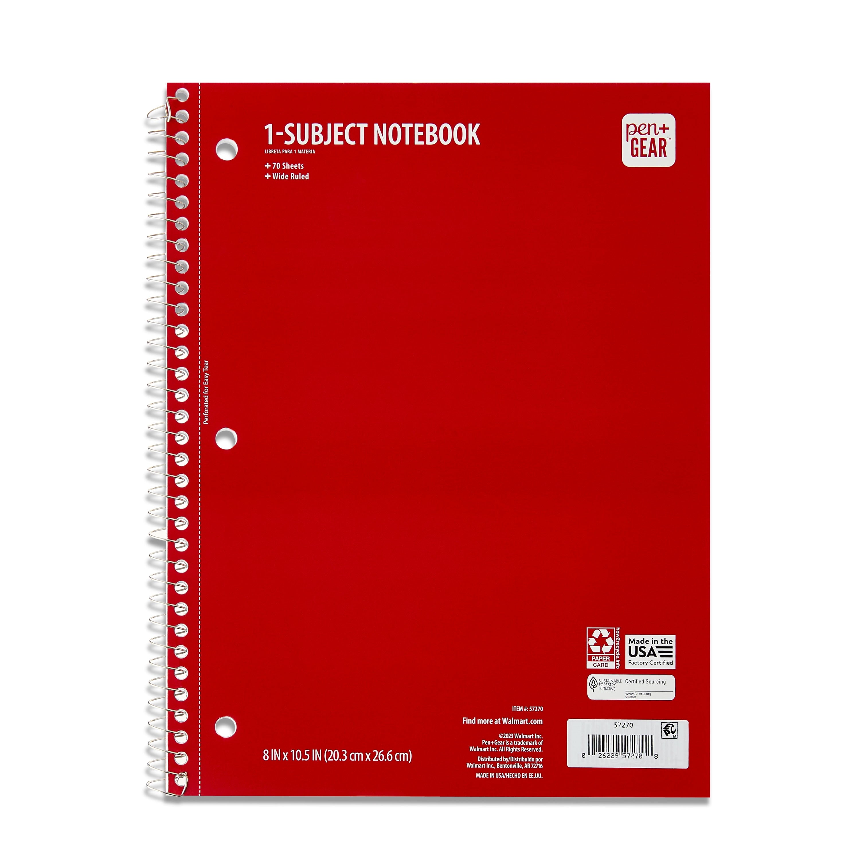 Pen+Gear Wide Rule 1 Subject Notebook, 8” x 10.5”, Red, 70 Sheets, New