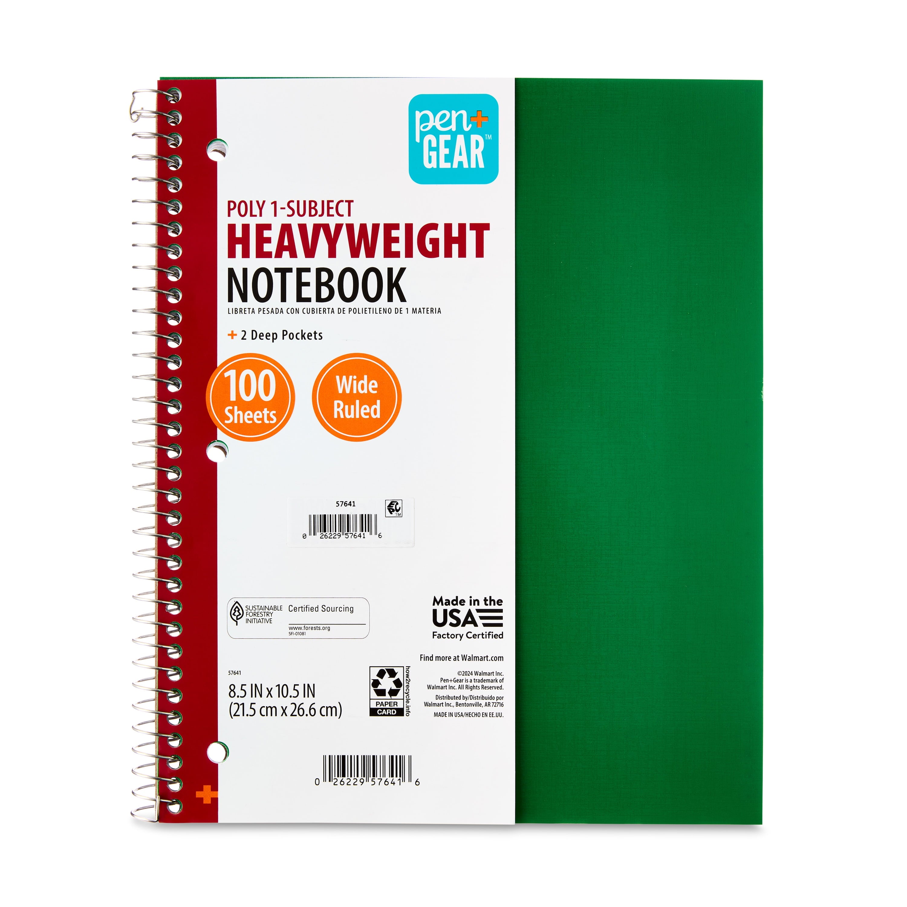 Wide Ruled 1-Subject Poly Notebook, Forest Green, 8.5" x 10.5", 100 Sheets