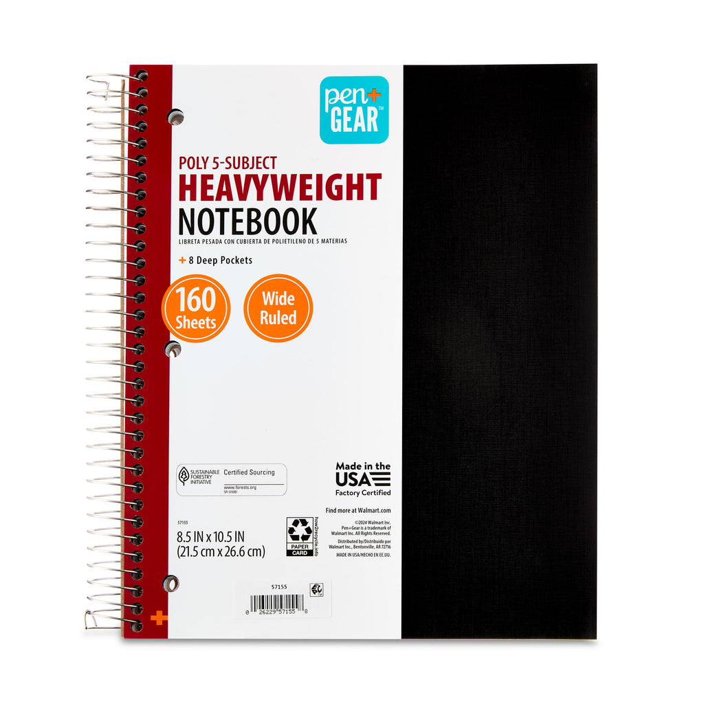 Wide Ruled 5-Subject Poly Notebook, Black, 8.5" x 10.5", 160 Sheets