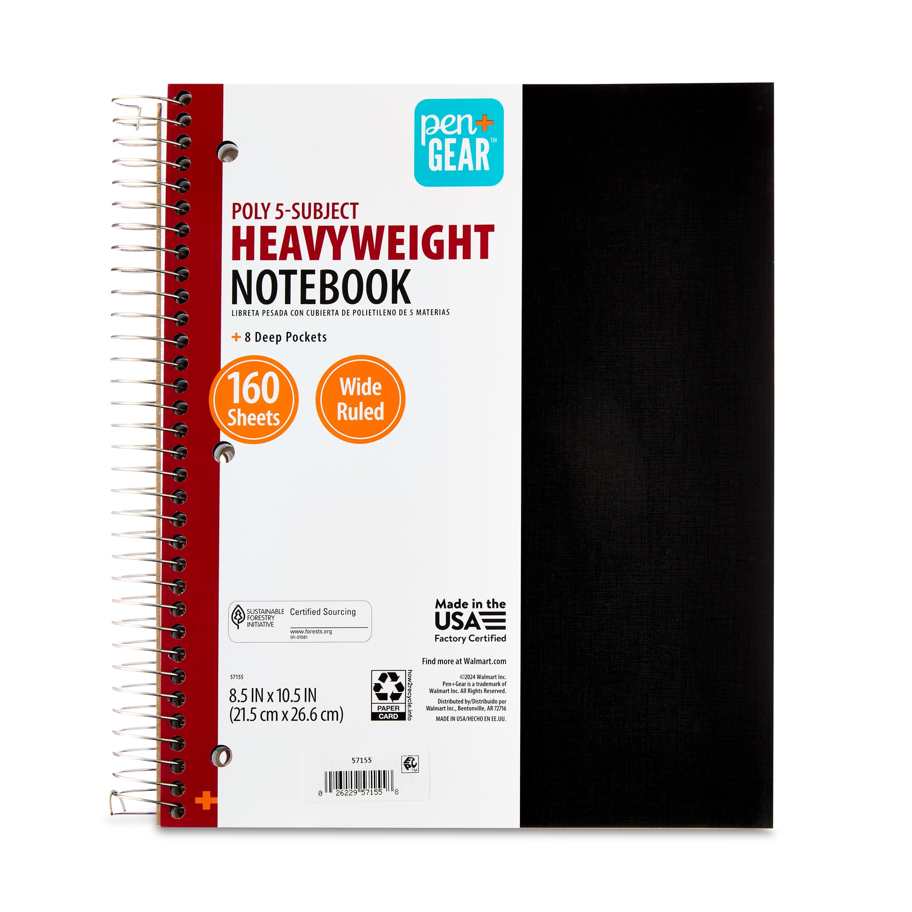 Wide Ruled 5-Subject Poly Notebook, Black, 8.5" x 10.5", 160 Sheets