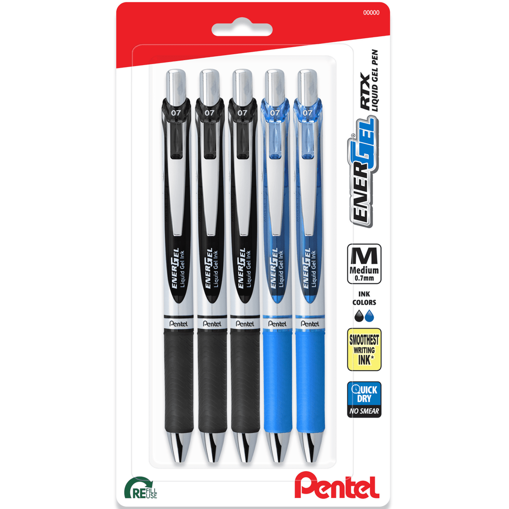EnerGel RTX Gel Ink Pens, Medium Point, 0.7mm, Black and Blue Ink, 5 Count