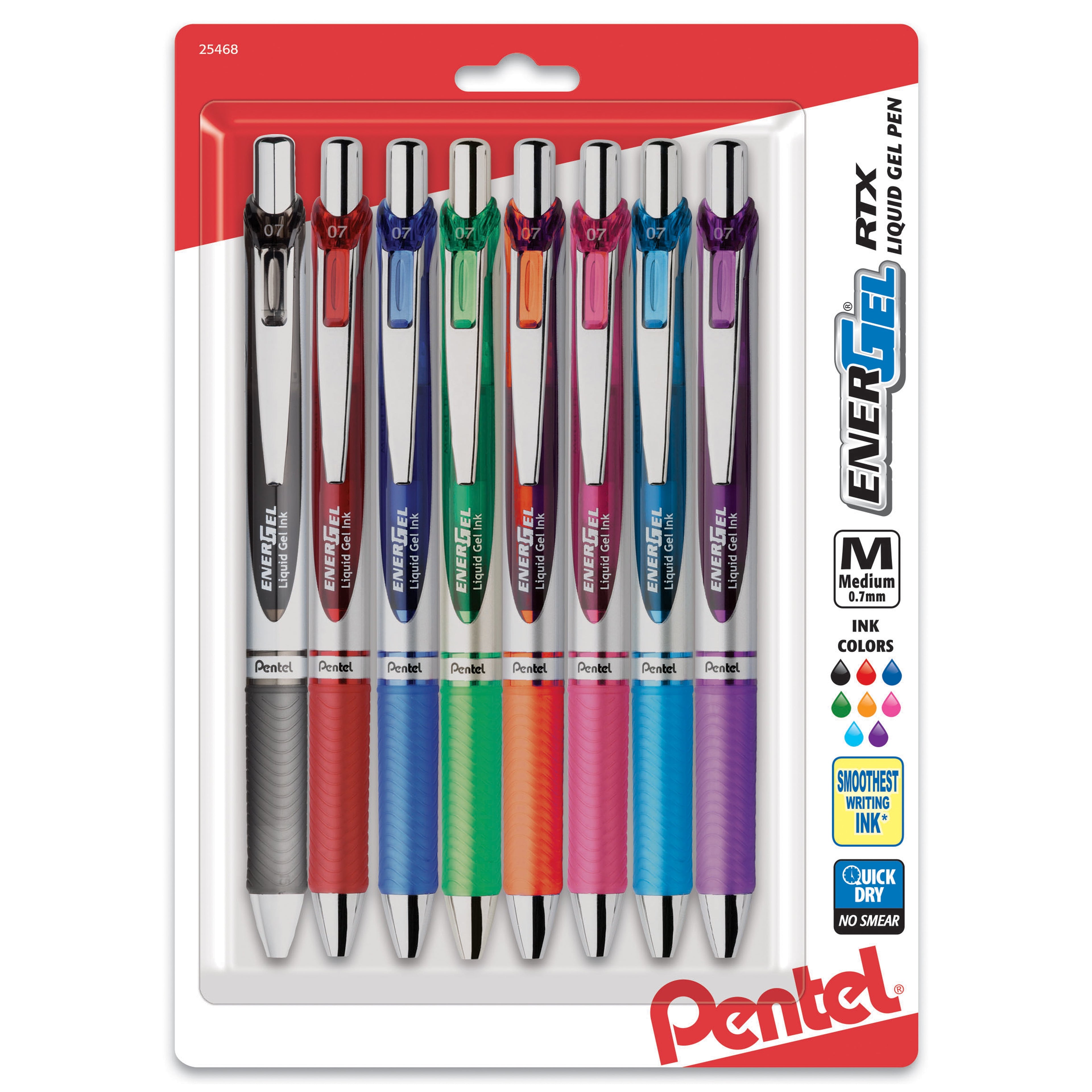 RTX Retractable Liquid Gel Pen, Medium Line, Metal Tip, Assorted Ink, 8-Pack