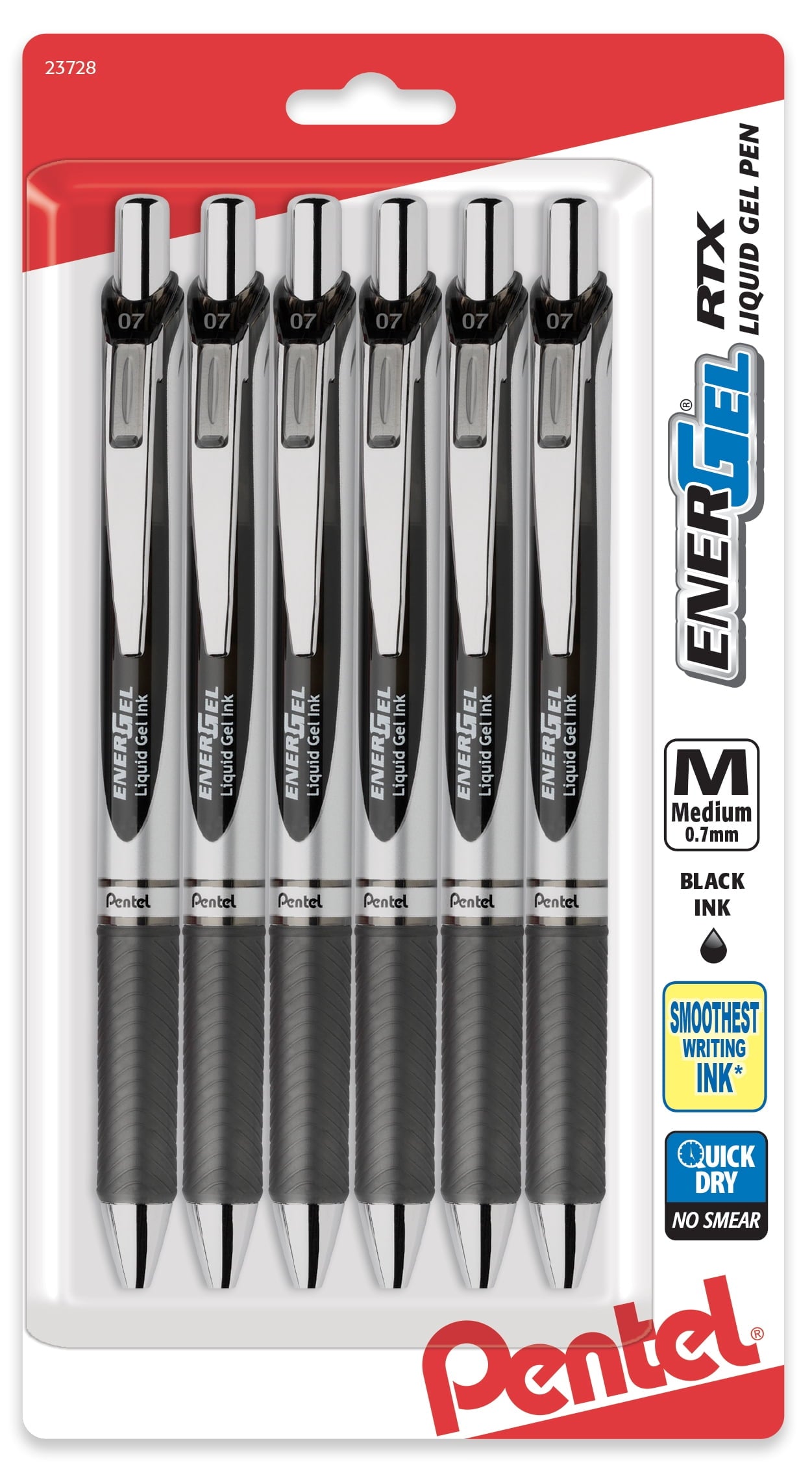 EnerGel RTX Retractable Liquid Gel Pen, Medium Line, Metal Tip, Black Ink, 6 Pack