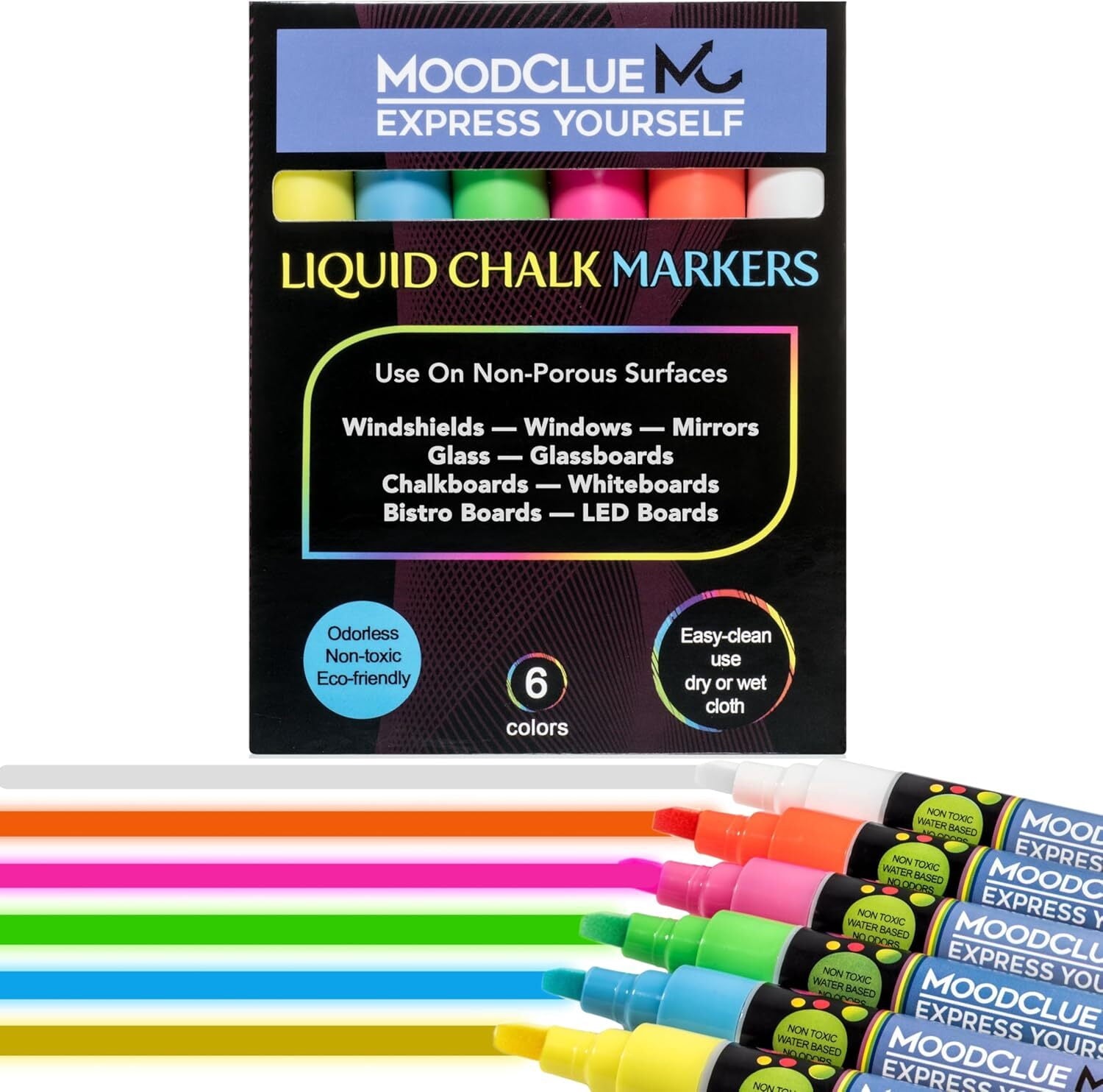 Liquid Chalk Markers, 6 Neon Colors, Reversible Tip, Wet or Dry Erase, Washable, Non-Toxic, for Glass, Windows, Mirro...