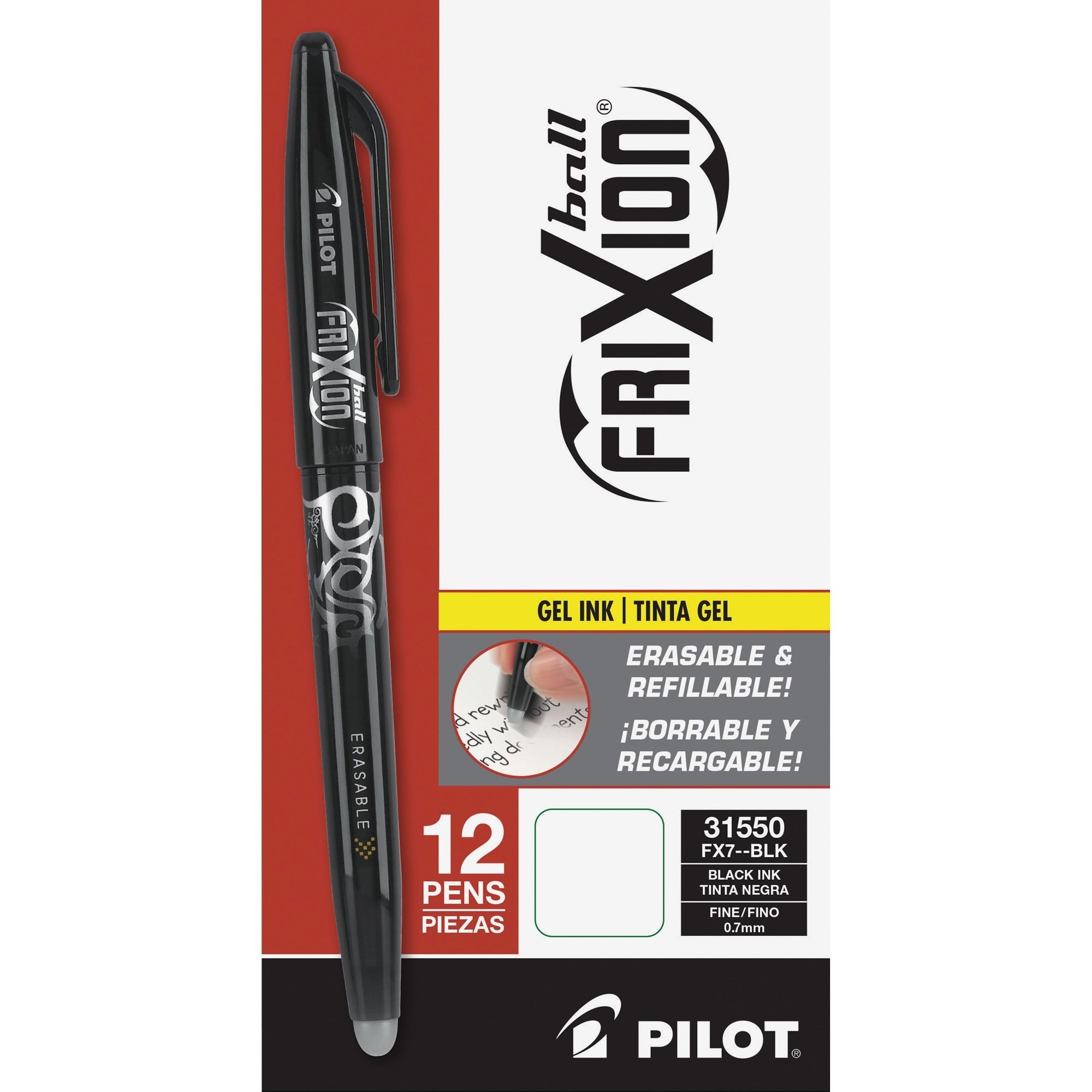 Ball Erasable Gel Pen Set, Fine Point 0.7mm, Black Ink, 12 Pack