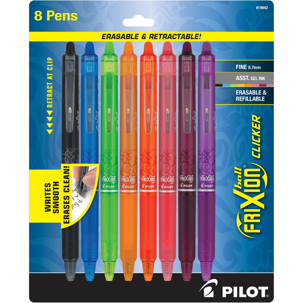 Clicker Erasable Gel Ink Pens, Fine Point, 0.7mm, Assorted Ink, 8 Count