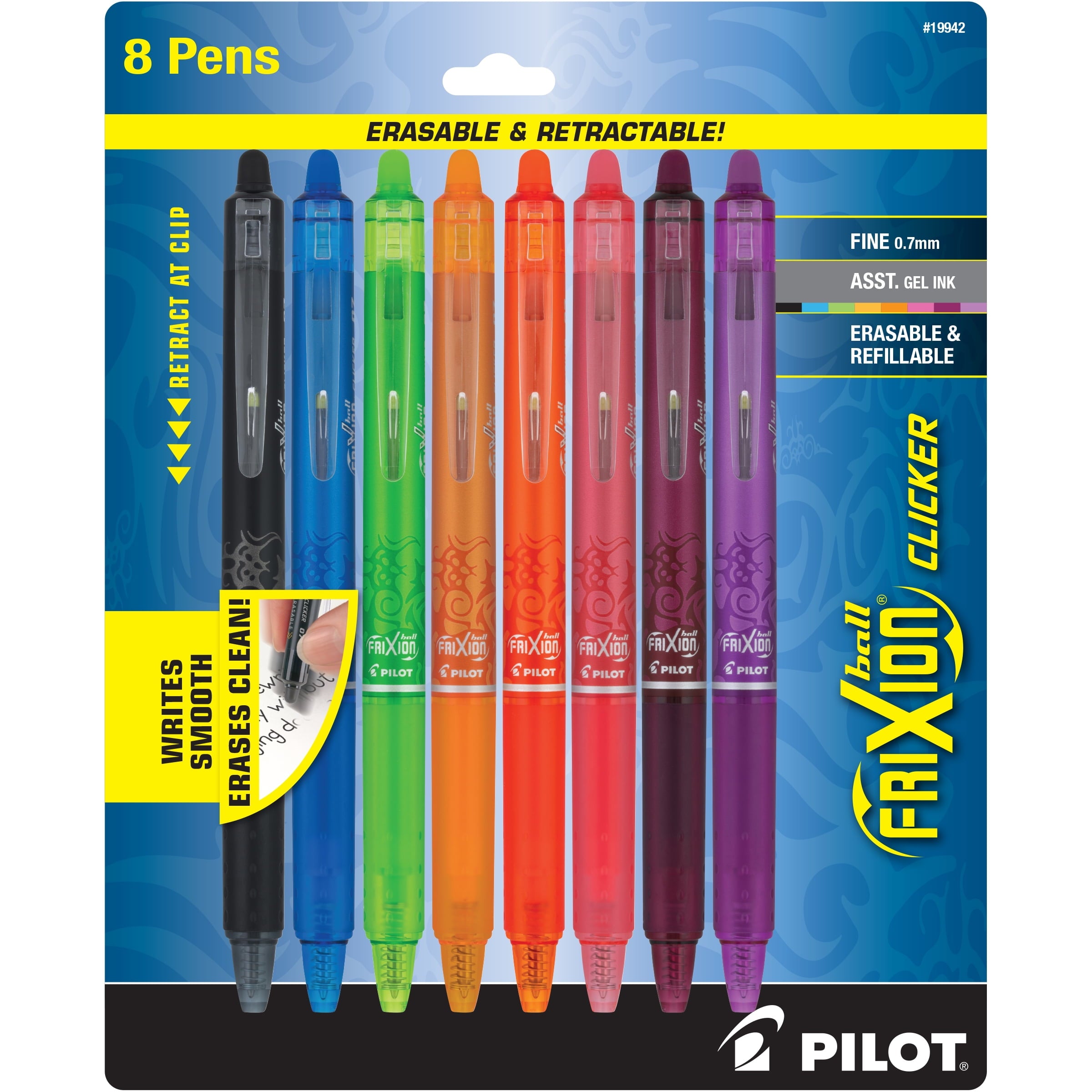 Clicker Erasable Gel Ink Pens, Fine Point, 0.7mm, Assorted Ink, 8 Count