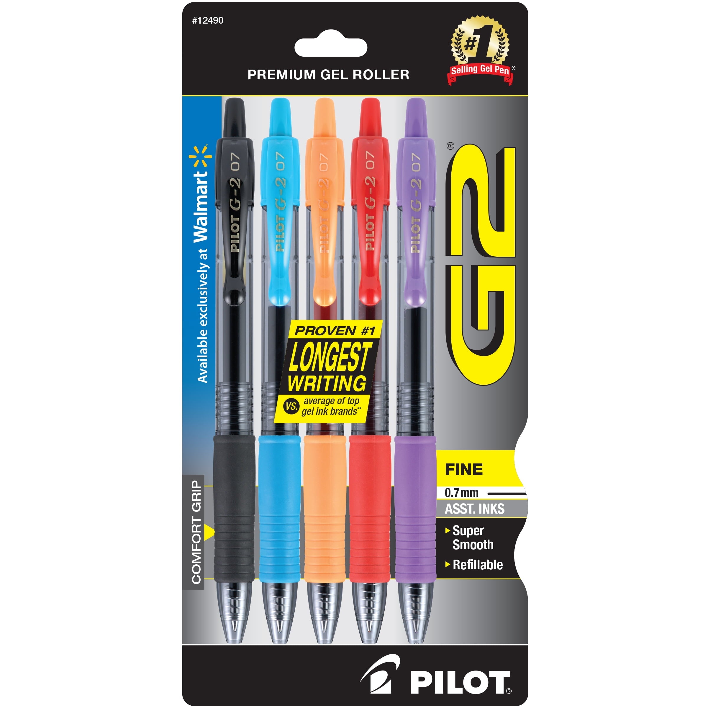 Pilot G2 Retractable Gel Ink Pens, Fine Point, Asst, 5 Count