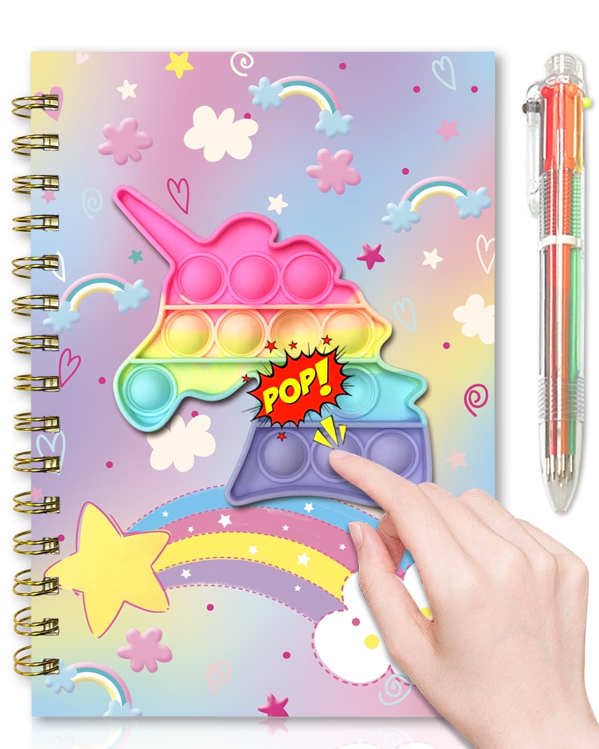 Pop Notebook with Pen, 21x14.5cm 160 Lined Pages Unicorn Spiral Journal for Studnets with 6 Multicolor Pen Fidget Wri...