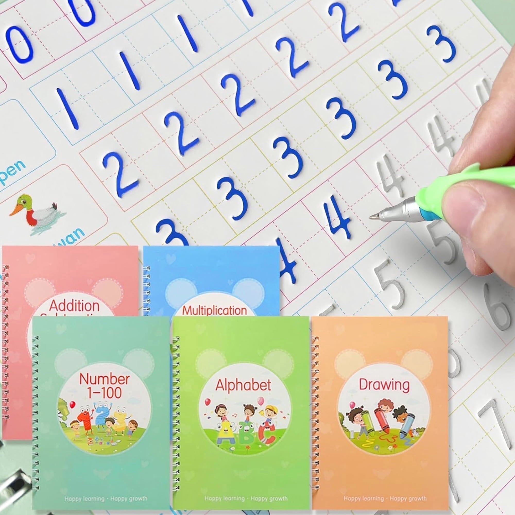 Rizulfey Magic Groove Handwriting Practice Copybook, Reusable A5 Learning Notebook for Kids, 5 Books with 2 Pens