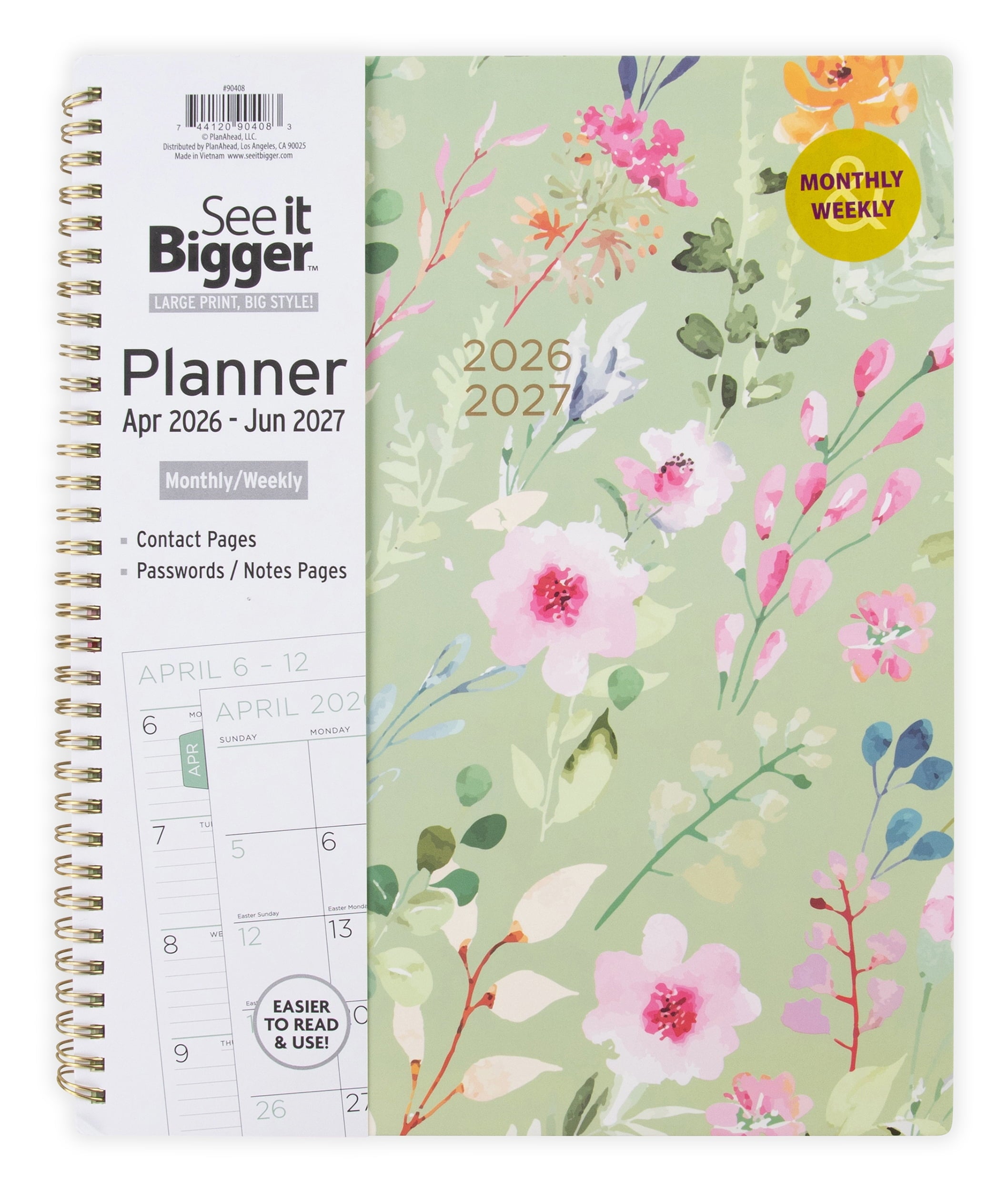 M/W Planner, Large (9" x 11"), Green Floral, 15-Month: Apr 2026 - Jun 2027