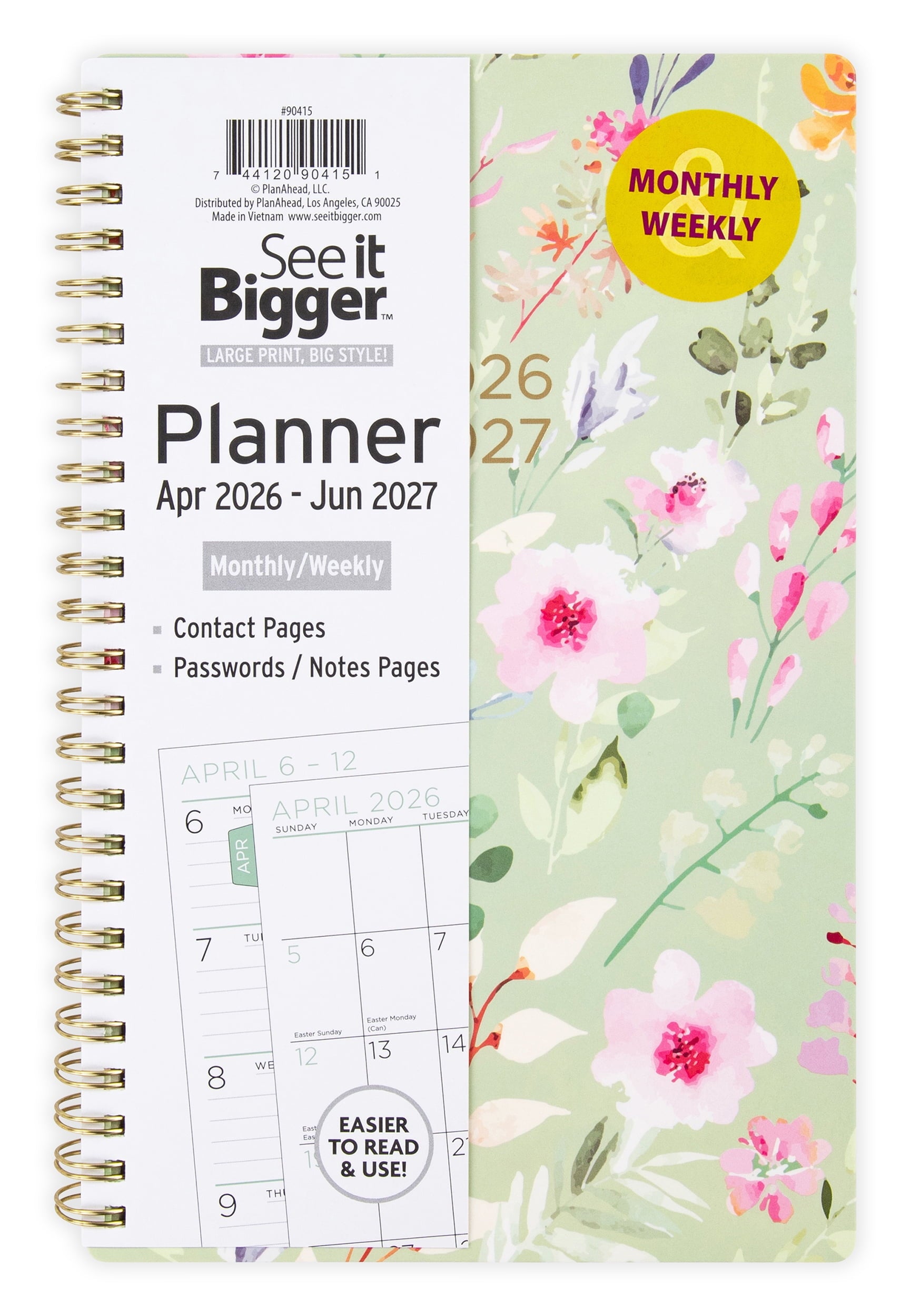 See It Bigger M/W Planner, Medium (5.5" x 8.75"), Floral, 15-Month: Apr 2026 - Jun 2027