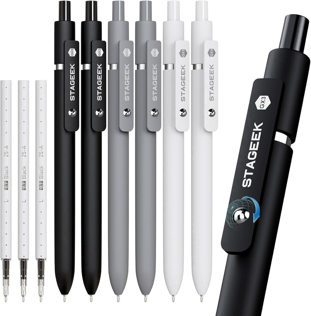 STAGEEK Black Gel Pens GX3, 6Pcs Fine Point Smooth Writing Pens with 3 Extra Refills, Black Ink Pens for Journaling, Writing, Office, Note T