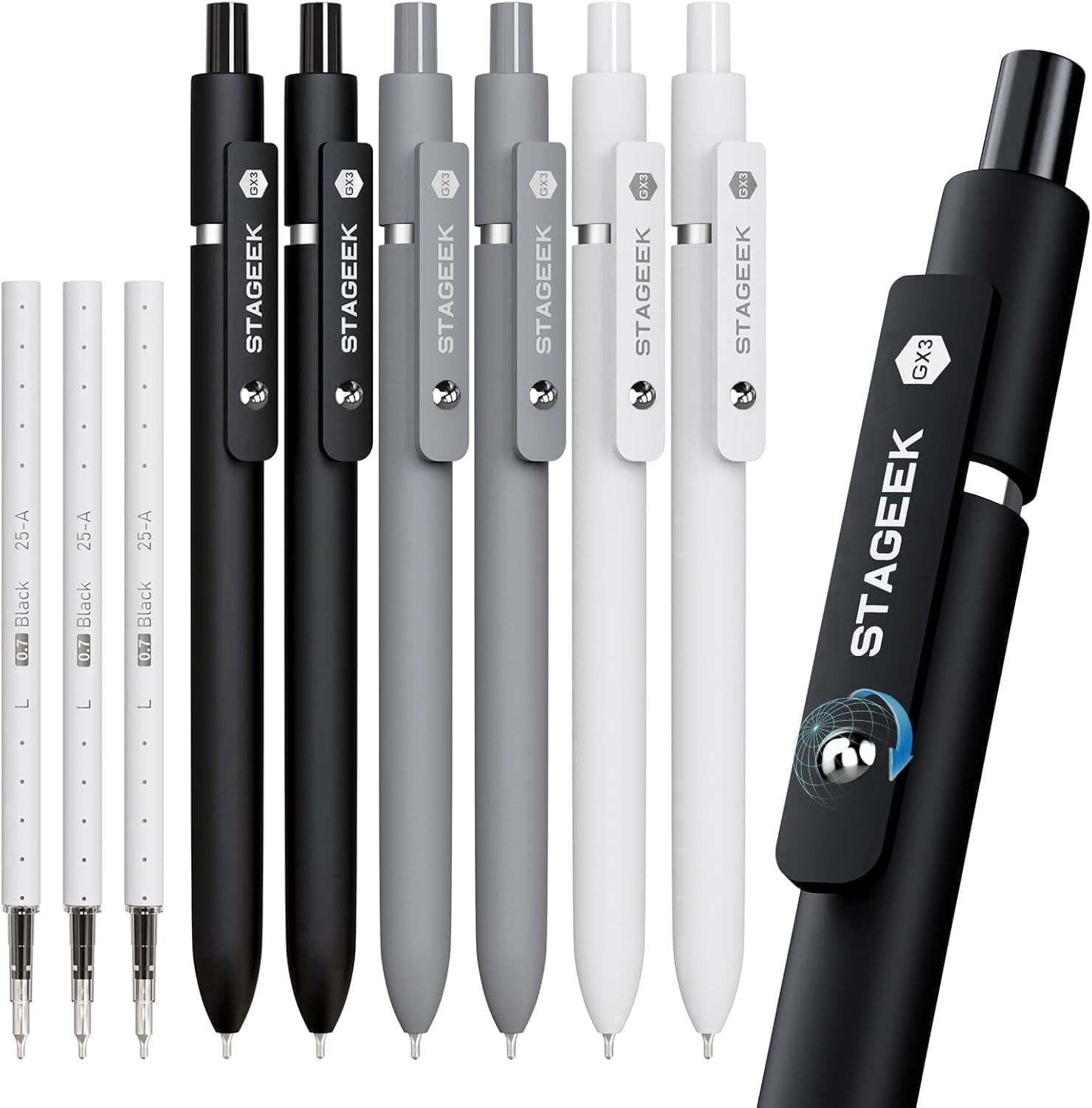 STAGEEK Black Gel Pens GX3, 6Pcs Fine Point Smooth Writing Pens with 3 Extra Refills, Black Ink Pens for Journaling, Writing, Office, Note T