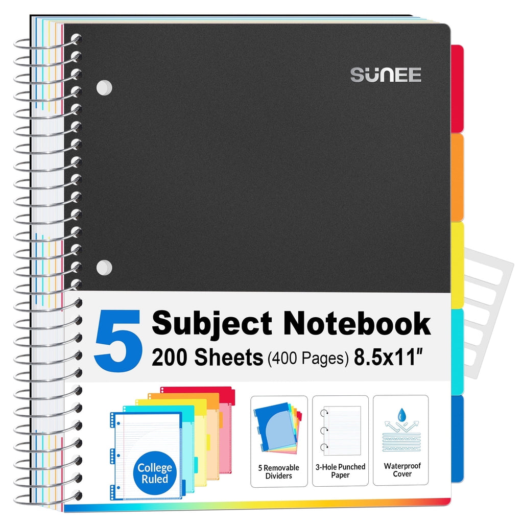 5 Subject College Ruled Spiral Notebook, 400 Pages, 8.5 x 11 Inches, Black