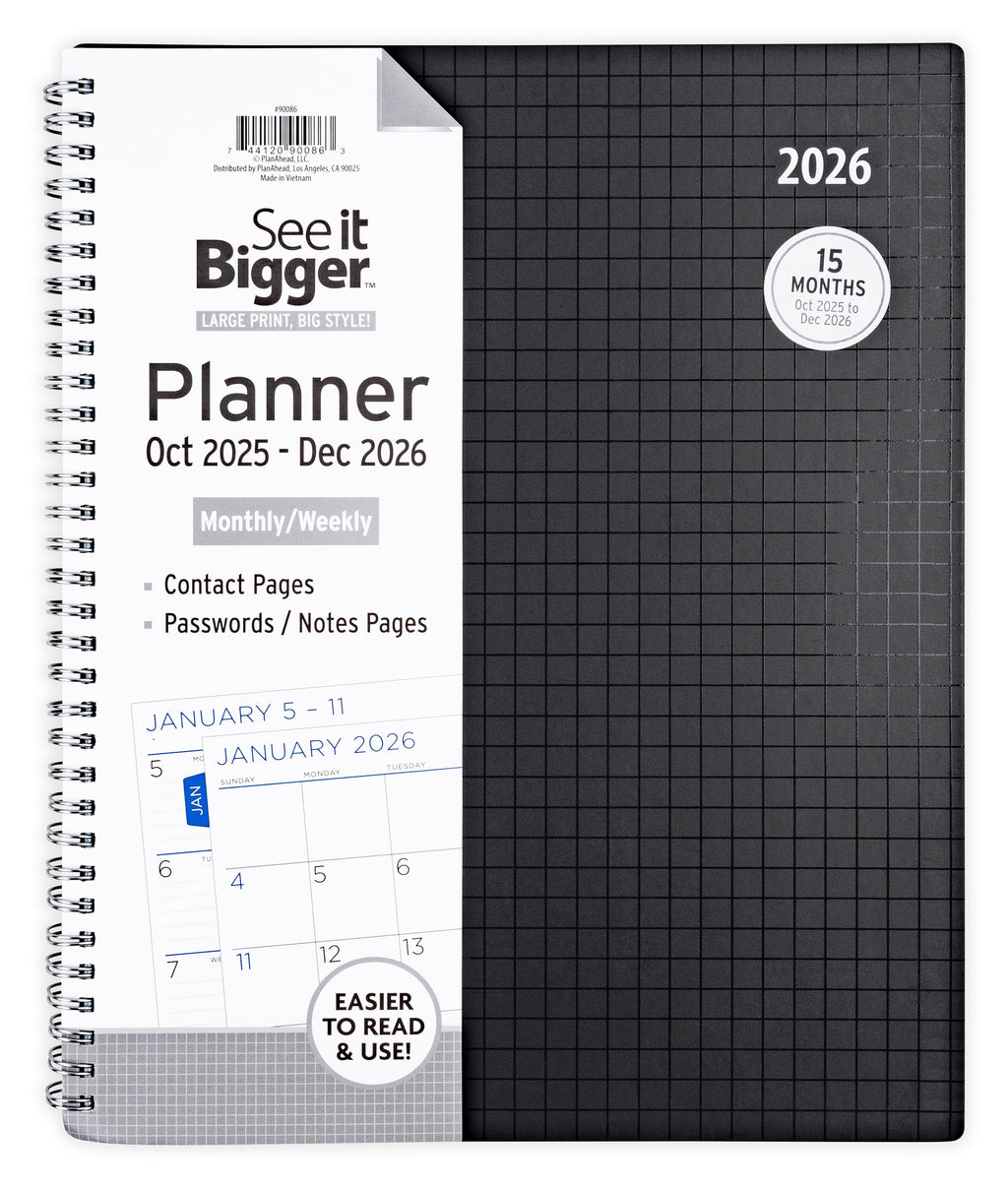 Monthly Weekly Planner Large (9" x 11") Black 15-Month, Oct 2025-Dec 2026