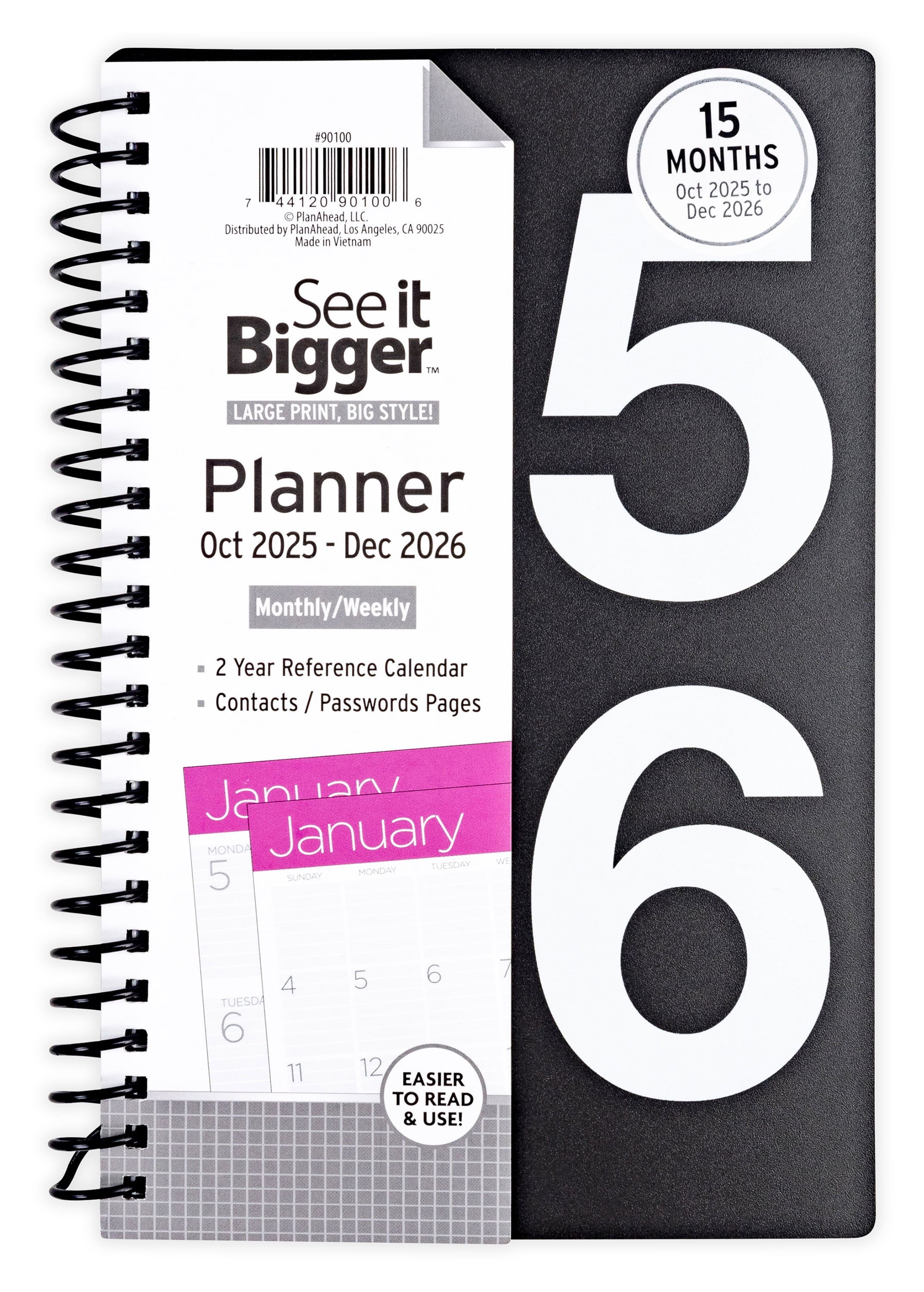 Monthly Weekly Planner Medium (5.25" x 8") Black, 15-month, Oct 2025-Dec 2026