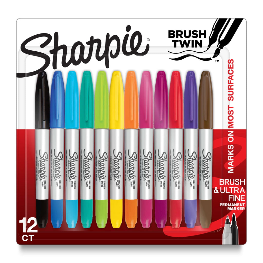 Brush Twin Permanent Markers, Brush Tip Marker and Ultra Fine Tip Marker, Assorted, 12 Count