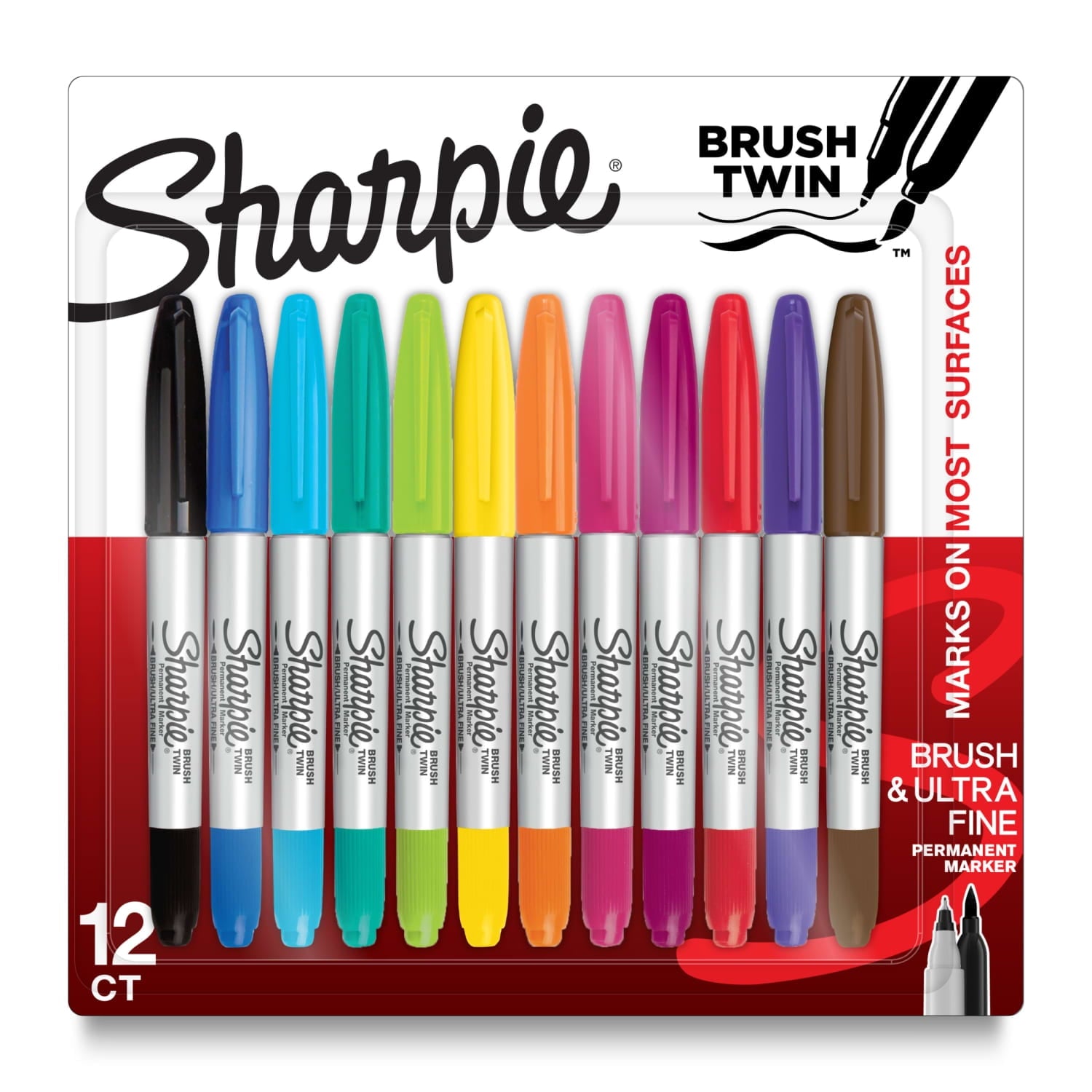 Brush Twin Permanent Markers, Brush Tip Marker and Ultra Fine Tip Marker, Assorted, 12 Count