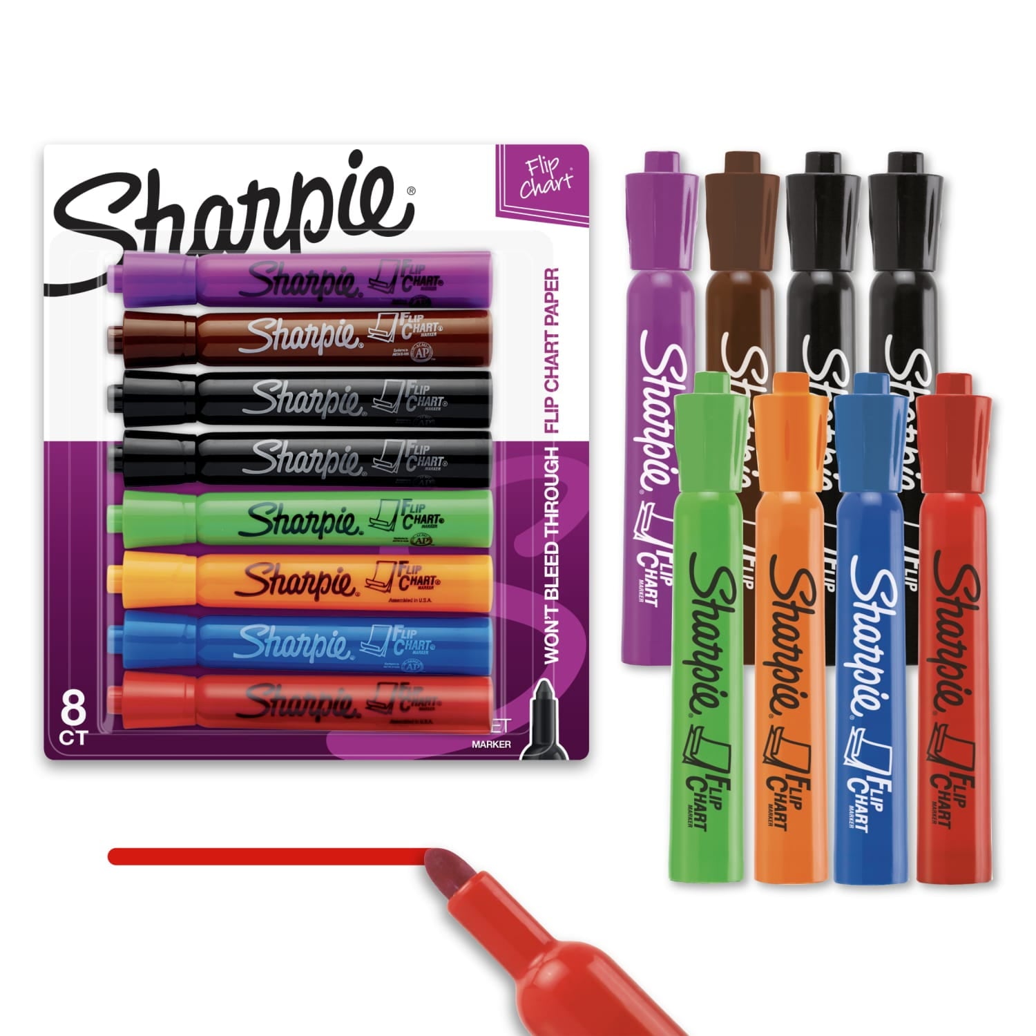 Flip Chart Markers, Bullet Tip, Assorted Colors, 8 Pack