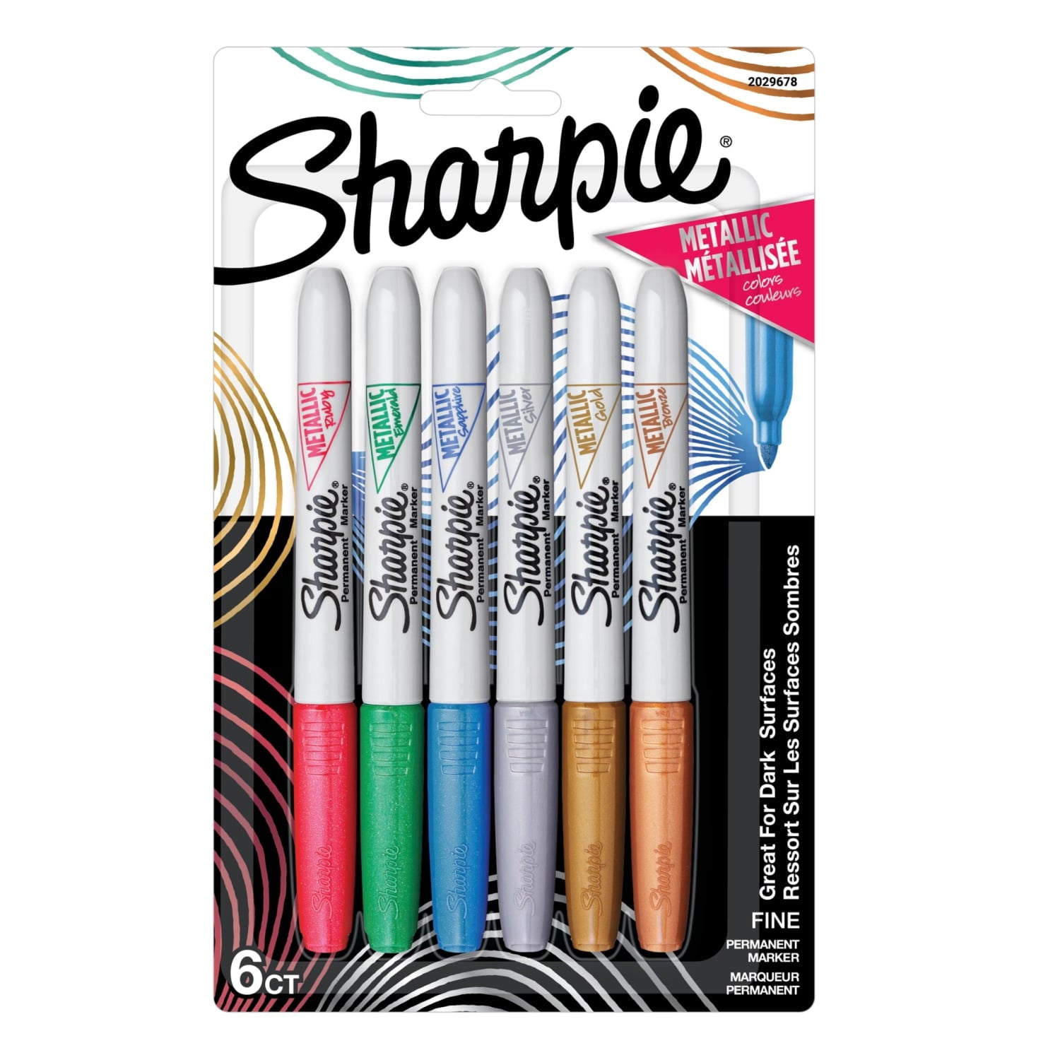 Metallic Permanent Markers, Fine Tip, Assorted, 6 Count