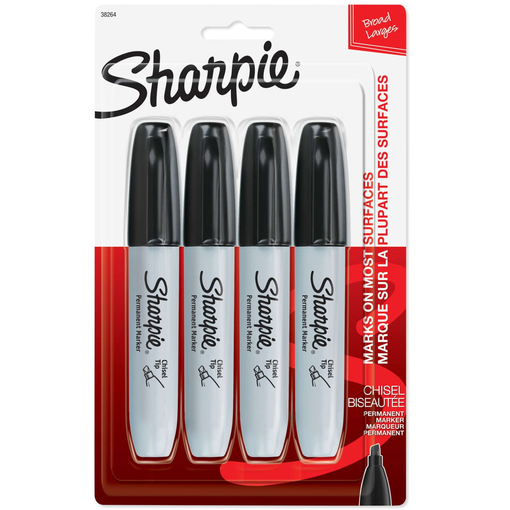 Permanent Markers, Chisel Tip, Black, 4 Count