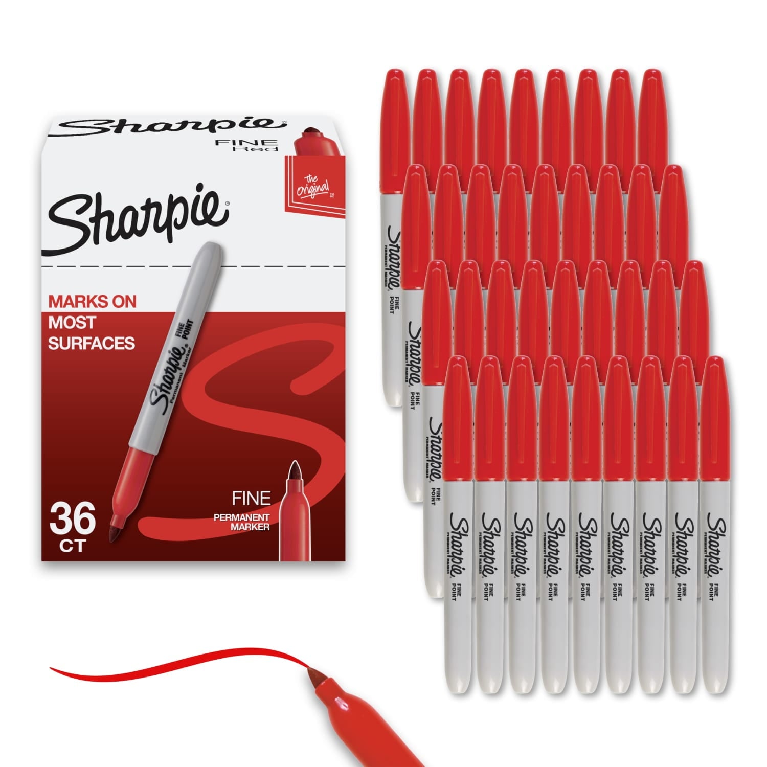 Permanent Markers, Fine Point, Red, 36 Count