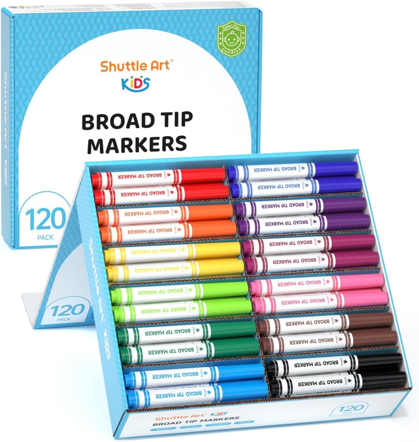 120 Count Washable Markers, 10 Assorted Colors Broad Line Conical Tip Large Markers Bulk with a Box