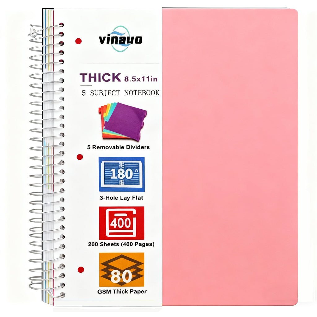 8.5" x 11", 5 Subject s College Ruled with Removable Dividers, 400 Pages Thick Writing Journal for Work , Pink