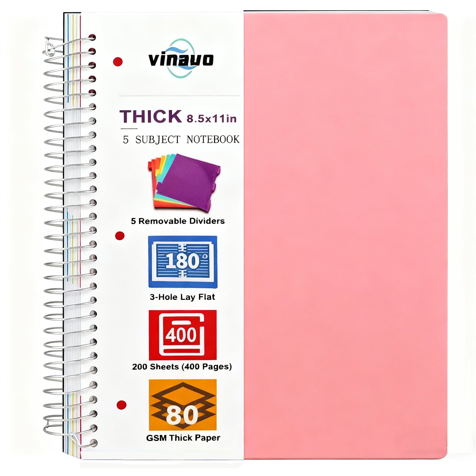 8.5" x 11", 5 Subject s College Ruled with Removable Dividers, 400 Pages Thick Writing Journal for Work , Pink
