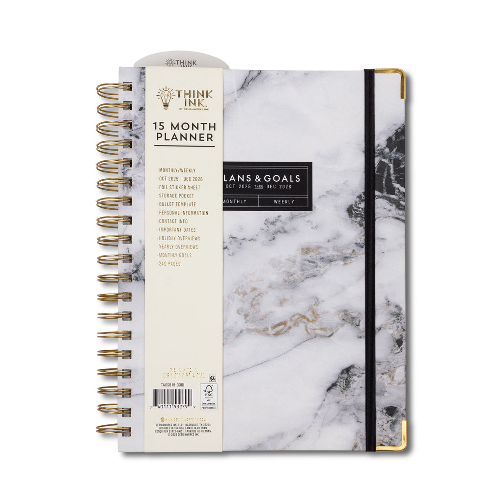 Think Ink 15 Month Twin Wire Planner, Light Gray Marble, 8" x 10" (October 2025 December 2026)