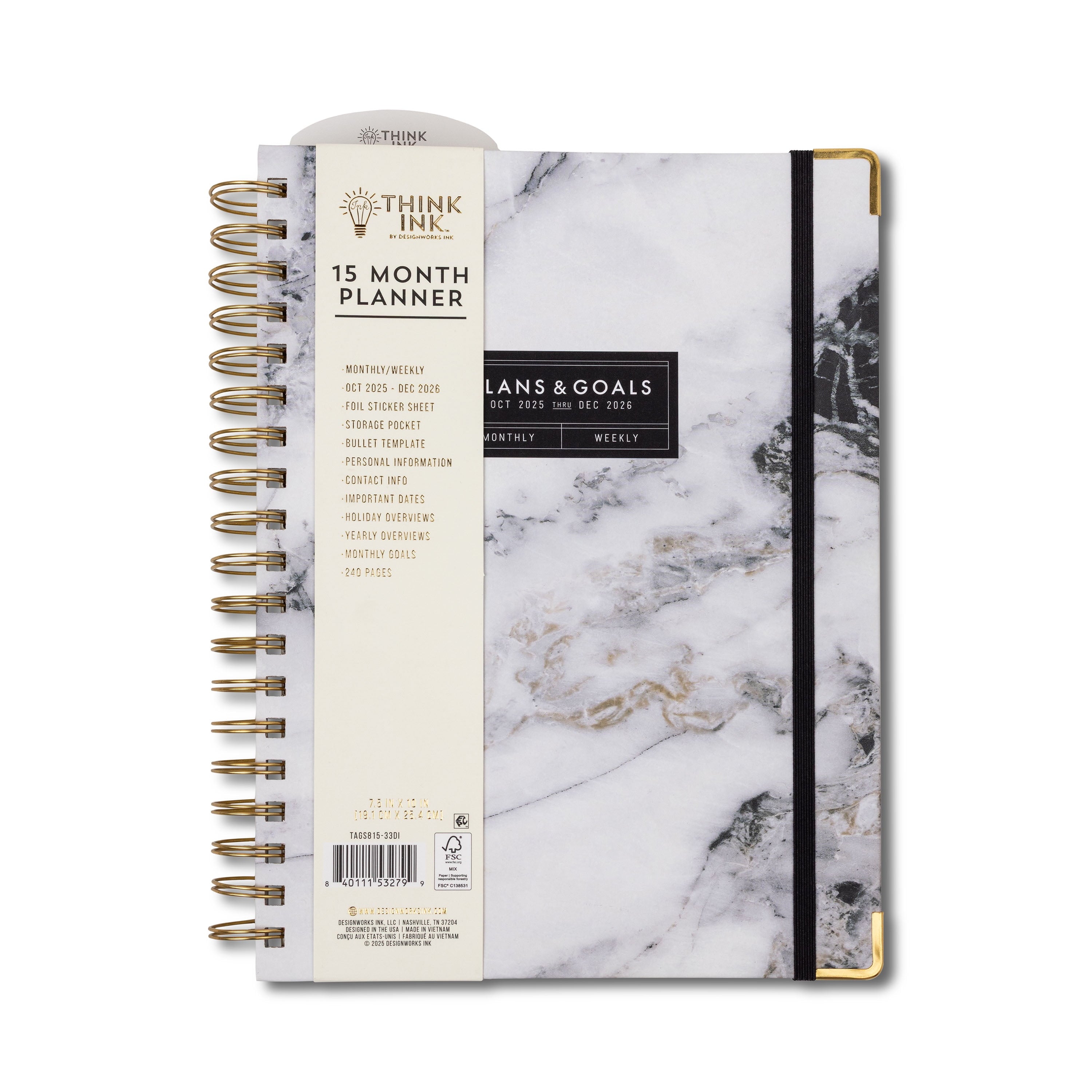 Think Ink 15 Month Twin Wire Planner, Light Gray Marble, 8" x 10" (October 2025 December 2026)