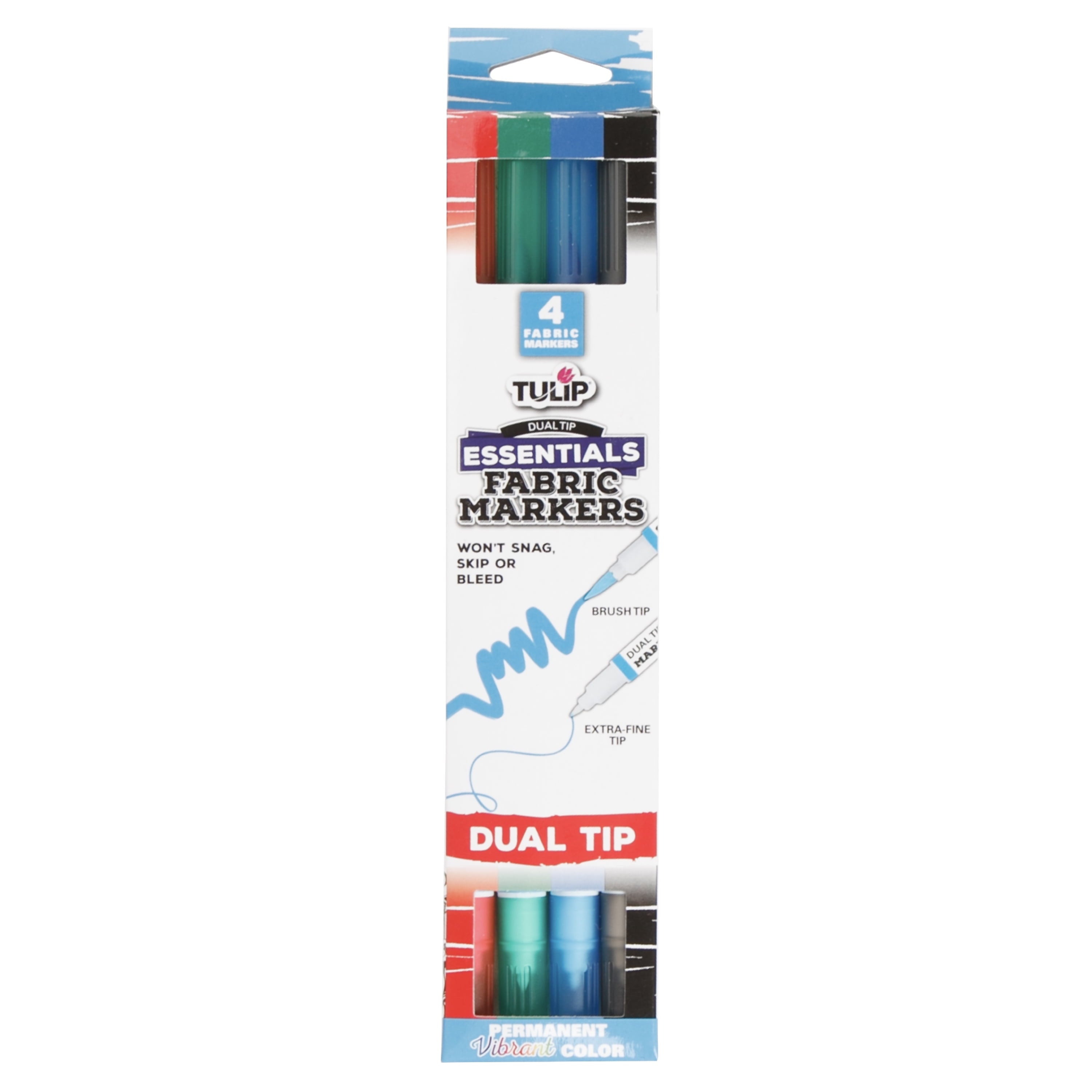 Fabric Markers Dual Tip 4 Pack Essentials, Permanent, Assorted Colors