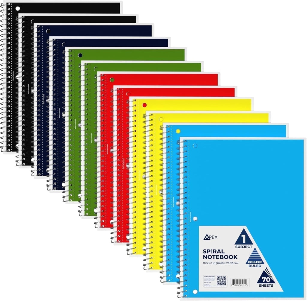 VEEBOOST 70-Sheet College-Ruled Spiral Notebook with Perforated Sheets, 6 Assorted Colors, 12-Pack