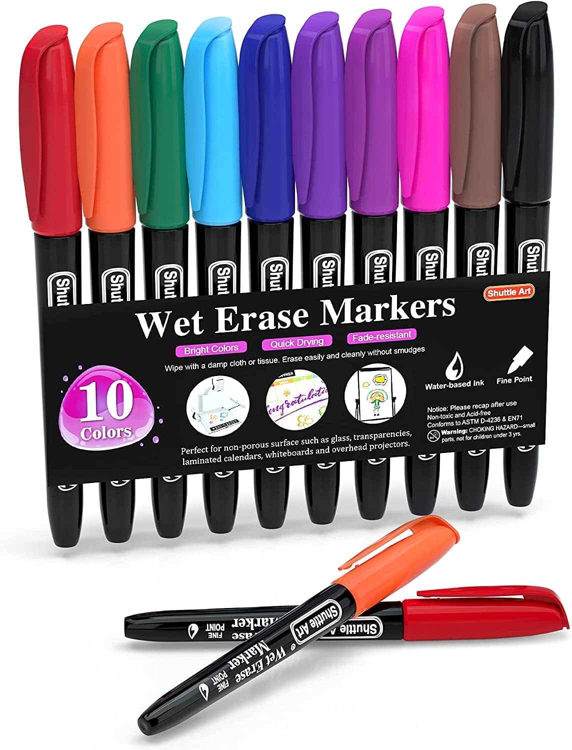 Wet Erase Markers, Shuttle Art 10 Colors 1mm Fine Tip Smudge-Free Markers, Use on Laminated Calendars, Overhead Projectors, Schedules, White