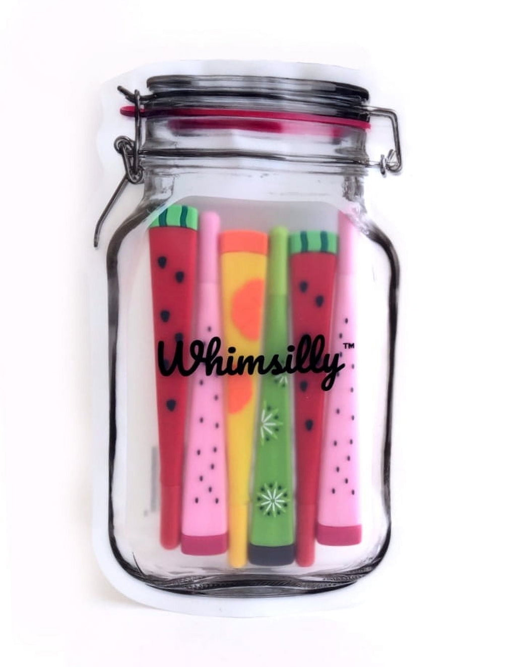 Whimsilly Set of 6 Fruit Shaped Pens in Mason Jar Pouch, Fine Tip Ink Gel Pen Set, Whimsical Stationary for Gifts, Office