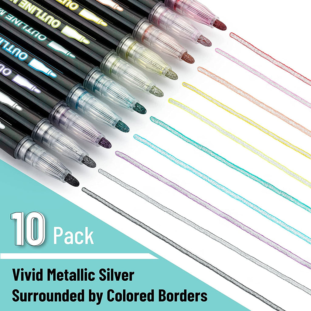 Double Line Outline Markers, 10 Colors, Shimmer Markers, Outline Markers Self-Outline Metallic Markers for All Ages - Image 3