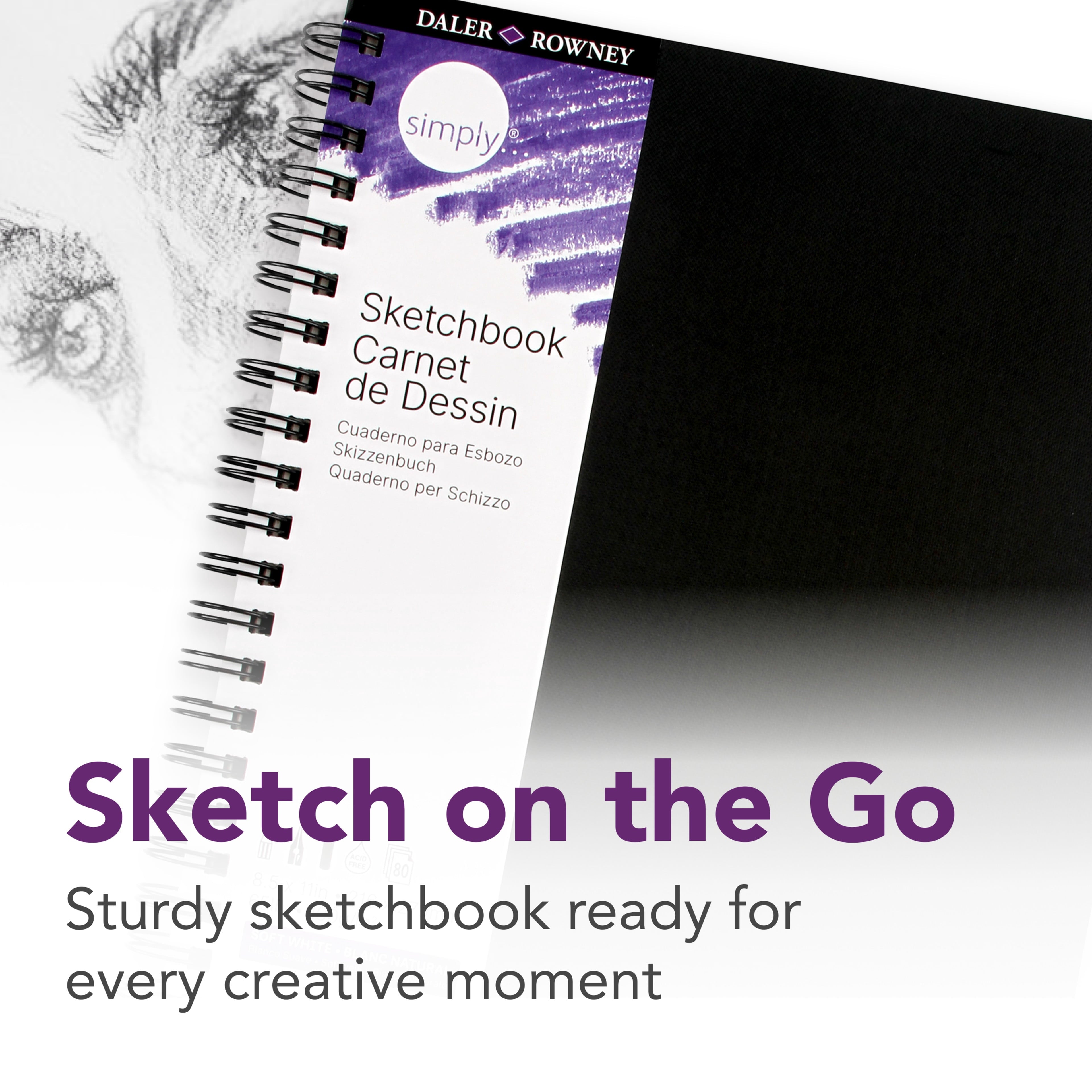 Daler-Rowney Simply... Sketchbook, Soft White Pages, (65lb/100g), Black Cover Wire Binding, 80 Sheet, 8.5" x 11" - Image 2